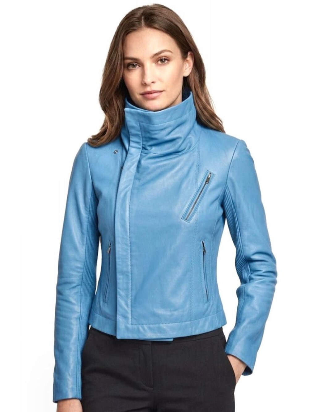 VEDA Asymmetrical Zip Leather Moto Jacket, Sky Blue, Women’s Size Medium
